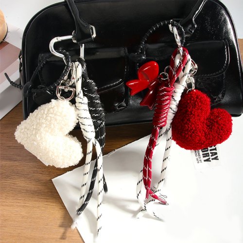 Image of Adorable Cartoon Double Hanging Chain Keychain with Red Love Bow and Fluffy Heart Pendant – Cute Braided Rope Bag Accessory