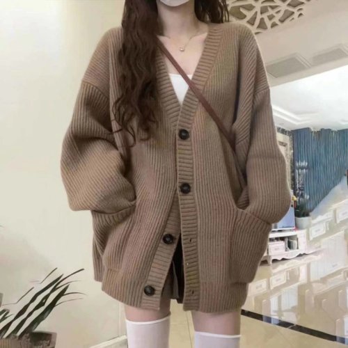 Weibliche Herbst-Winter-Strickjacke mit V-Ausschnitt – Langer Pullover, Lose Gestrickte Jacke für Damen, Casual Mode