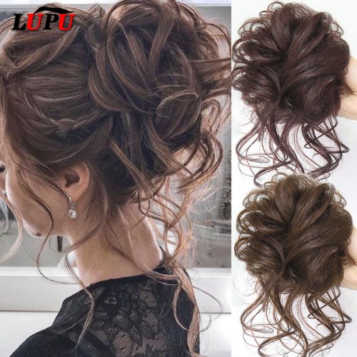 Afbeelding van Synthetische Haarstukken in Chignon-Formaat met Rommelige Krullen – Elastische Scrunchy Haarband voor Vrouwen, Zwarte en Bruine Kleuren