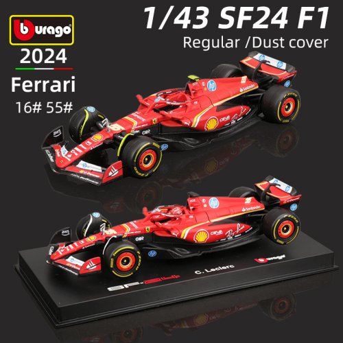 Image of BBURAGO 1:43 Scale Ferrari SF24 F1 Car Model 2024 Season – Charles Leclerc #16 & Carlos Sainz #55 Alloy Diecast Formula 1 Racing Collectible Toy for Kids and Adults
