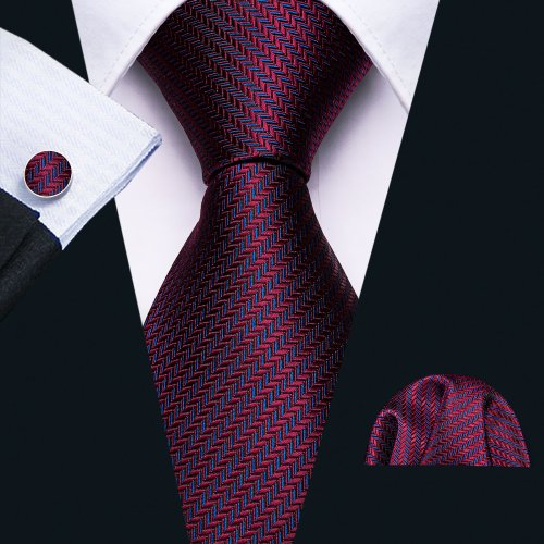 Immagine di Cravatta da Sposo in Setificio Rosso con Righe Jacquard, Fazzoletto da Taschino e Gemelli – Set Elegante per Uomo di Barry Wang Fashion Designer FA5028