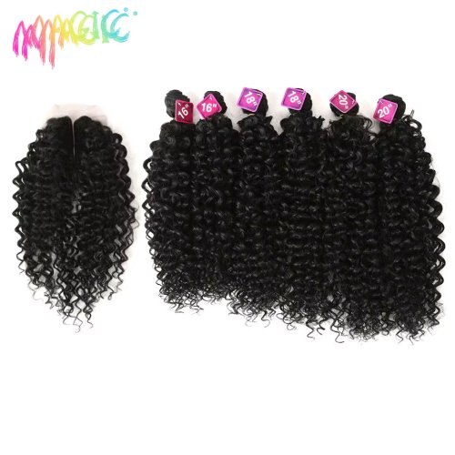Afbeelding van Synthetische Afro Kinkige Krullend Haar Weave 16-20 Inch, 7 Stuks Partij Bundels met Afrikaanse Kant Sluiting voor Vrouwen