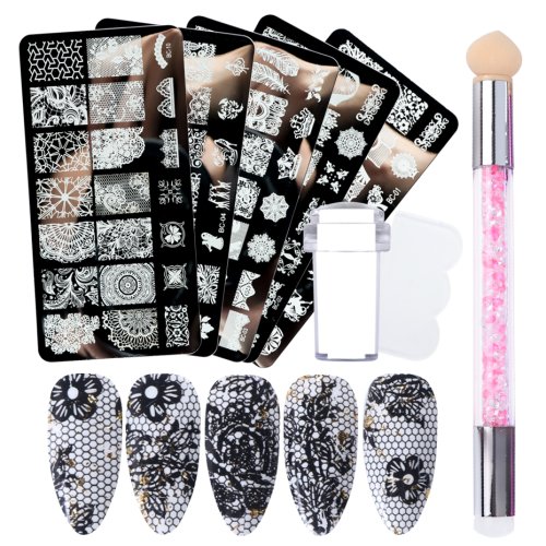 Immagine di Set Completo per Nail Art con Placche Stamping Fiore e Motivi di Pizzo – Kit Professionale per Decorazioni Unghie con Stamper, Spazzola Gradiente e Accessori