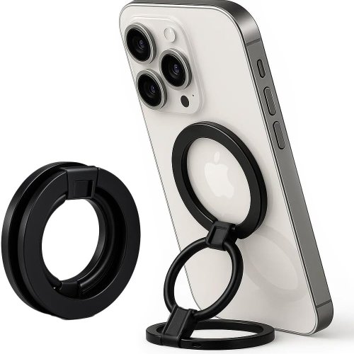 Image of 360-Degree Rotating Dual Magnetic Phone Holder Stand with Foldable Design for MagSafe – Portable Desktop and Car Mount Compatible with iPhone 12, 13, 14, 15, 16