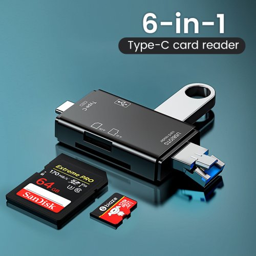 Imagen de Lector de Tarjetas Multifunción 6 en 1 con Conexión OTG, Compatible con SD, TF, USB 2.0 y Tipo C – Adaptador Inteligente para Memoria Externa en Ordenadores Portátiles y Dispositivos Móviles