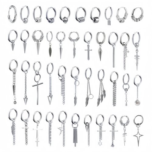 Afbeelding van Vintage Lange Hangende Kruis Oorbellen met Bladeren Hangers - Roestvrij Staal Hoepels voor Mannen en Vrouwen, Hip Hop Oor Piercing Sieraden Accessoires