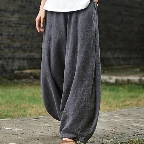 Zdjęcie Bawełniane i lniane spodnie damskie w stylu vintage – szerokie nogawki, pełna długość, eleganckie, z gumką w pasie, moda wiosna-jesień, rozmiar 5XL