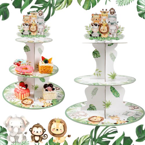 Zdjęcie Stojak na cupcake'ów z motywem dżungli – dekoracje na imprezę dla dzieci, urodziny pierwszego roku, baby shower, zestaw jednorazowy do stołu z motywem dzikiego zwierzęcia