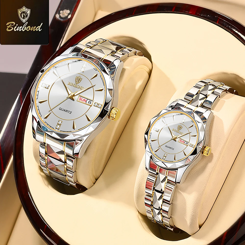 Image of Elegant Stainless Steel Couple Watches with Diamond Accents – Waterproof Quartz Timepieces for Him and Her, Perfect Valentine's Day Gift Set