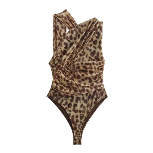 Imagen de MUJER 2025 Body de mujer con estampado de leopardo, Body sin mangas de malla para mujer, Body ajustado de tul con hombros descubiertos, lencería Sexy