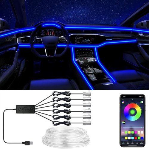 Afbeelding van Flexibele RGB LED Strip Verlichting met App Bediening voor Auto Interieur – 12V Neon Sfeerverlichting met Kleurverandering en Decoratieve Lampen