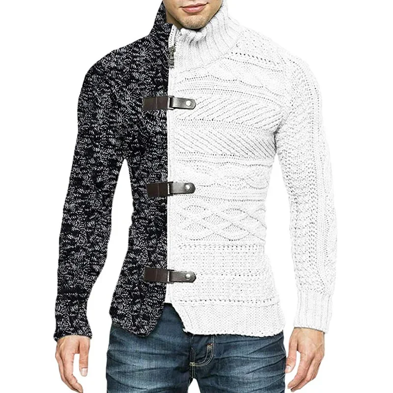 Afbeelding van Herfst Winter Heren Sweaterjas Patchwork Coltrui Vest Man Casual Gebreide Slim Fit Lange Mouw Mode Trui Bovenkleding