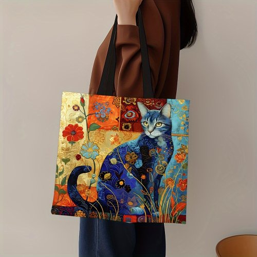 Immagine di 1pc astratto gatto tote bag carino eccentrico piccolo animale borsa a tracolla in lino stampato eco borsa shopping ufficio riutilizzabili borse casual