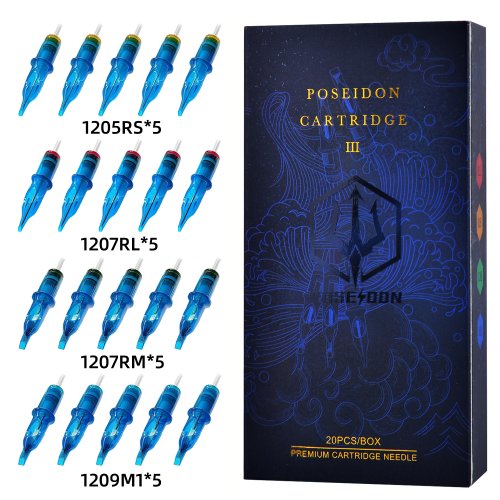 Afbeelding van Poseidon 20 stuks gemengde professionele tattoo cartridge naalden met membraan – veilige, wegwerp tattoo naalden voor tatoeagekunstenaars
