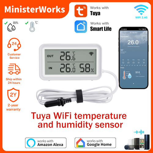 Immagine di Sensore di Temperatura e Umidità Wi-Fi Tuya con Sonda Esterna, Display LCD Digitale Intelligente, Compatibile con Smart Life e Google Assistant