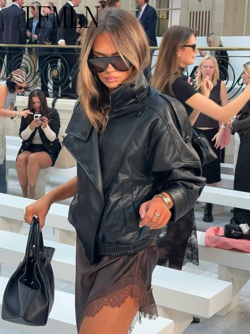 Zdjęcie Zimowa damska kurtka z imitacji skóry w stylu high street – luźny krój, stójka, długie rękawy, zapinana na zamek, gruba odzież wierzchnia