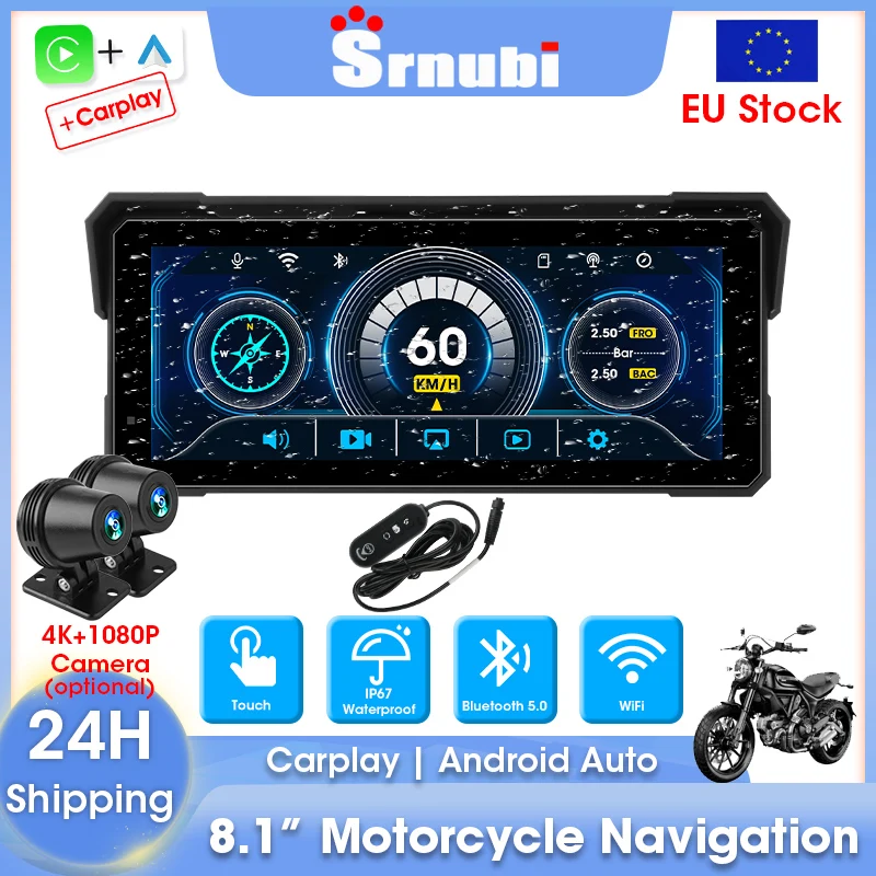 Image of 8-Inch Waterproof Motorcycle DVR with GPS Navigation, Wireless CarPlay & Android Auto, Helmet Camera for Motorbike Riders
