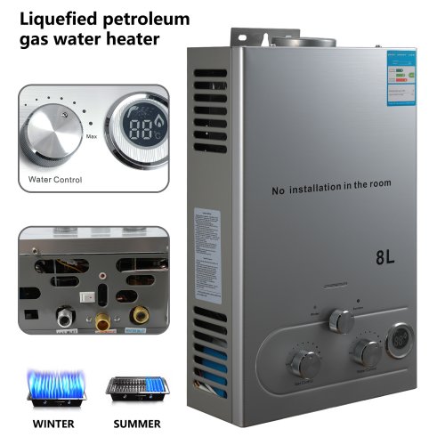 Chauffe-eau à gaz GPL 6L/8L - Sans réservoir - Acier inoxydable