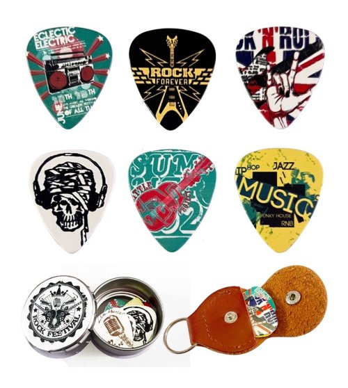 Immagine di Plettri per Chitarra in Celluloide - Set da 6 Pezzi con Scatola e Supporto, Regalo Ideale per Musicisti
