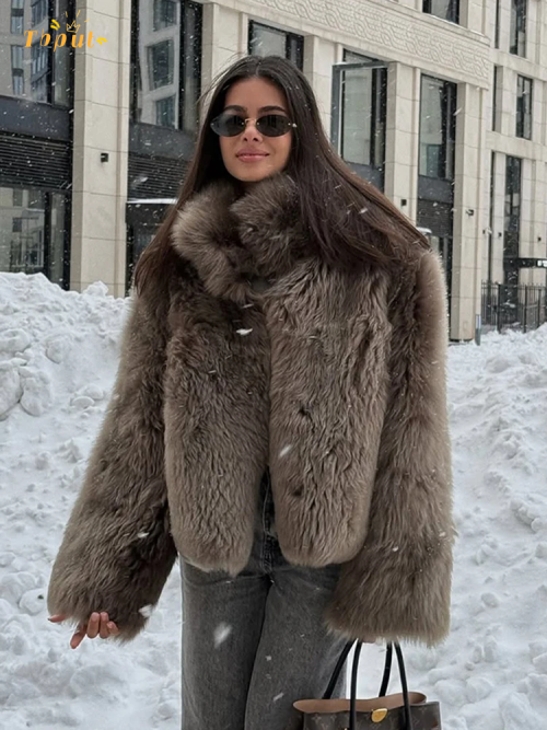 Image of Brown Faux Fur Thicken Coat for Women with Lapel Design, Long Sleeve Warm Winter Jacket 2025 – Chic Snap Button High Street Elegant Outerwear