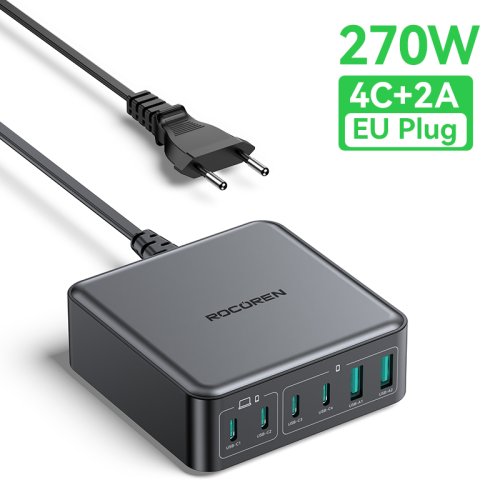 Afbeelding van Rocoren 200W GaN-oplader PD Snel opladen USB Type C-oplader 270W 6-in-1 USBC-krachtcentrale voor iPhone 16 15 Pro Max Xiaomi 14