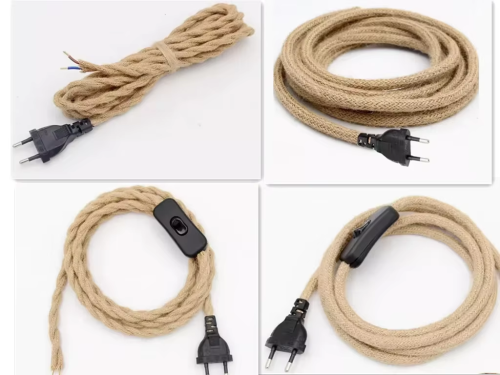 Image of Vintage Hemp Power Cord with EU Plug and On-Off Switch – 2m & 3m Lengths for Retro Pendant Light Design & Natural Home Lighting Decor