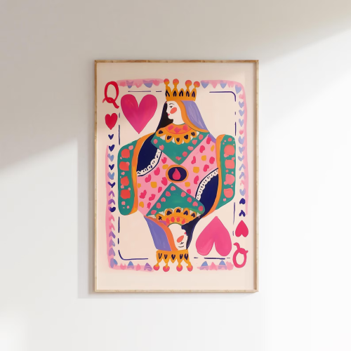 Afbeelding van Koningin van harten kunst aan de muur |   Kleurrijke speelkaart digitale download |   Maximalistisch kaartdecor |   Dopamine koningin illustratie |