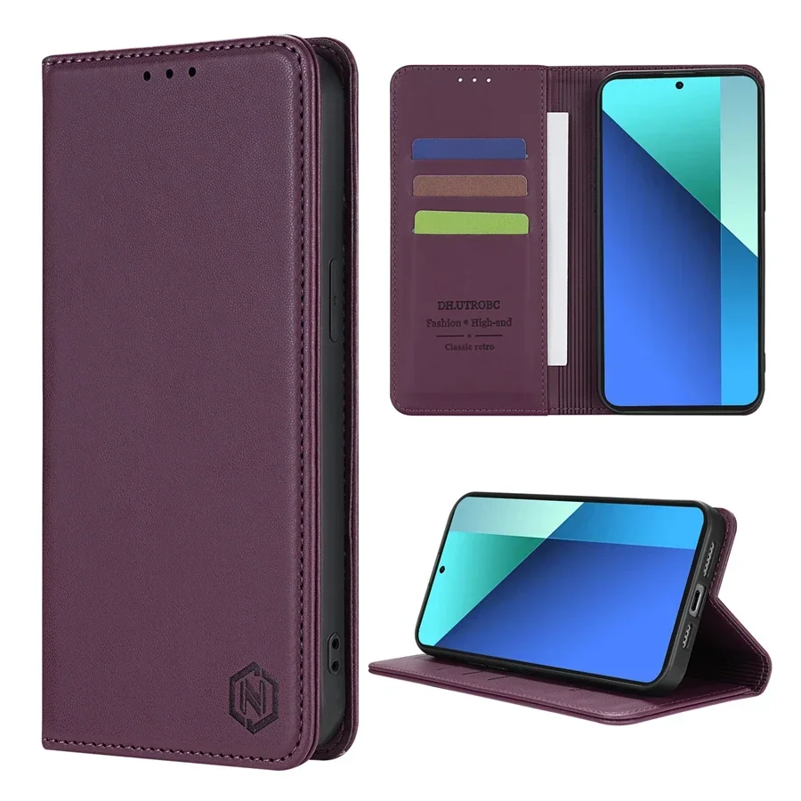 Image of Wallet Skin Friendly Strong Magnetic Card Slot Flip Leather Case For Xiaomi Redmi Note 13 Pro+ 12 12S 11 11S 10 9 Pro 8T 7 Cover