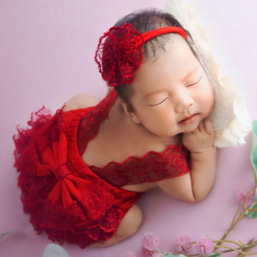 Afbeelding van Charmante Baby Fotografie Outfit met Grote Strik, Kanten Romper en Blauwe Jarretelbroek voor Pasgeboren Baby's