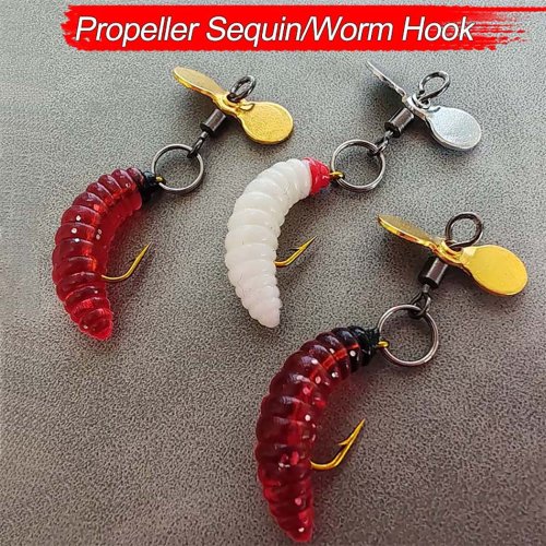 Immagine di Set da 5 Esche Rotanti con Elica e Verme Bionico per Pesca Sportiva - Spinner con Lama Rotante e Paillettes Riflettenti
