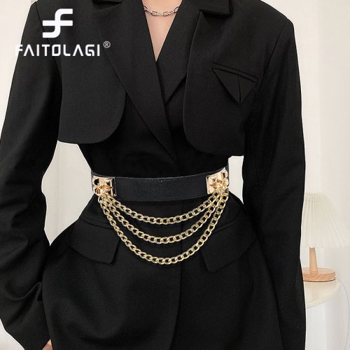 Zdjęcie Elegancki Pasek Złoty Łańcuszek z Czarną Skórą PU