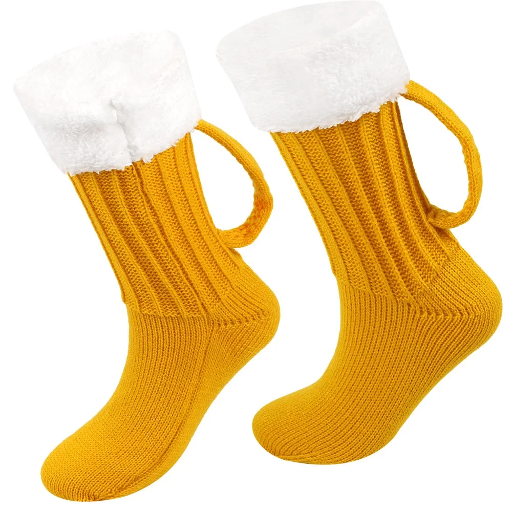 Imagen de Calcetines de punto con taza de cerveza 3D, calcetines cálidos acolchados a media pantorrilla para hombre, calcetines suaves y divertidos para el suelo del sueño para mujer, regalo de Navidad