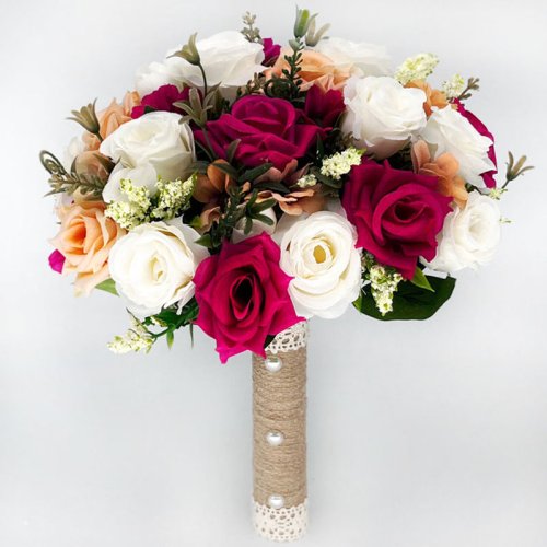 Imagen de Ramo de Novia Artificial con Rosas y Cinta de Seda