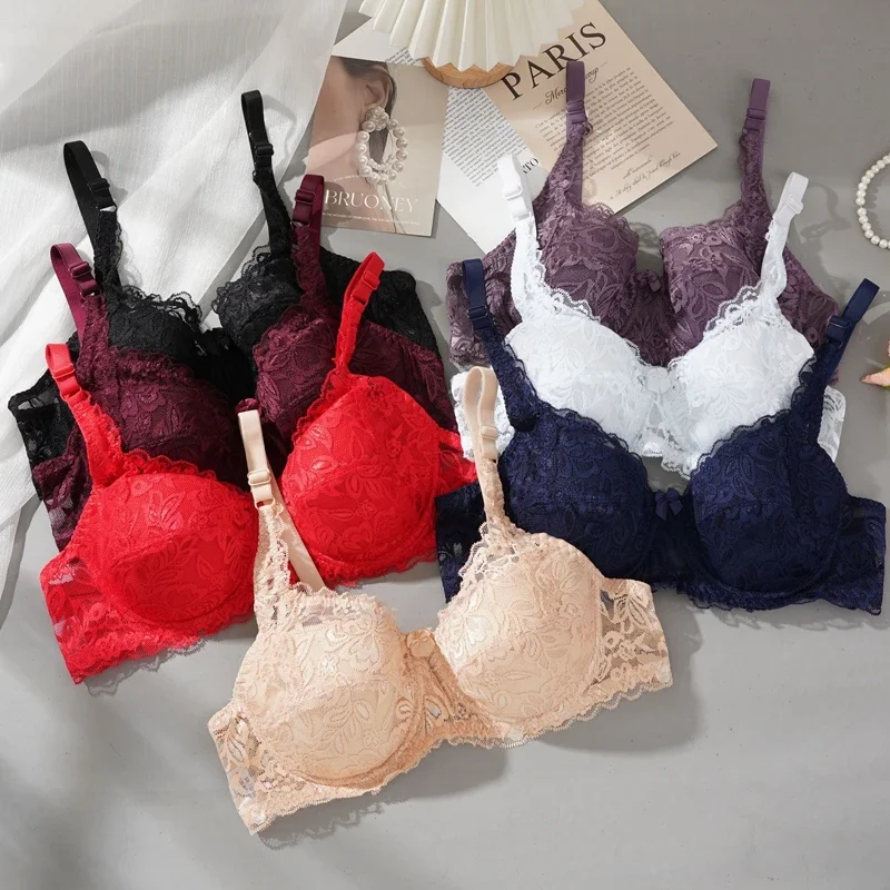 Immagine di Reggiseno sottile in pizzo sexy da donna con ferretto Reggiseno tradizionale in pizzo taglie forti che raccoglie il seno con anello in acciaio 36-42 Intimo con coppa C/D