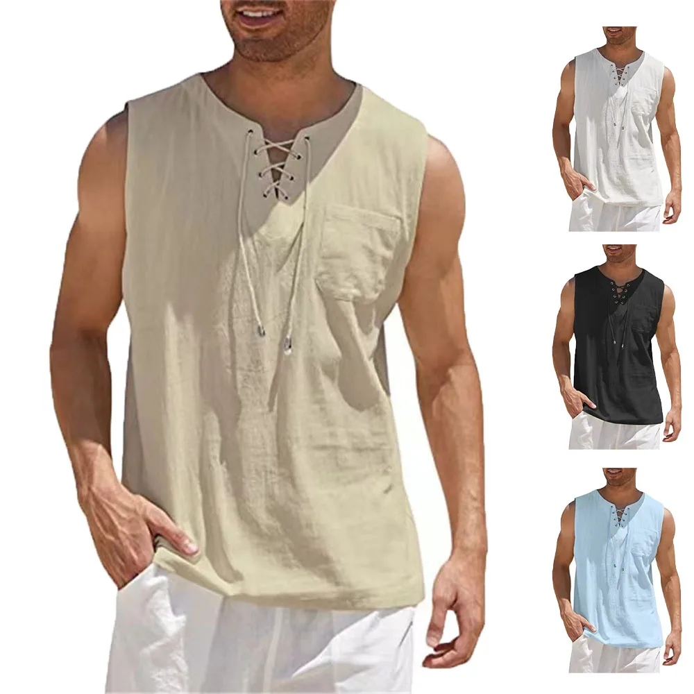 Image of Men's Cotton Linen Sleeveless Vest Shirt – Retro V-Neck Lace-Up Casual Tank Top in Solid Colors, Loose Fit for Everyday Wear