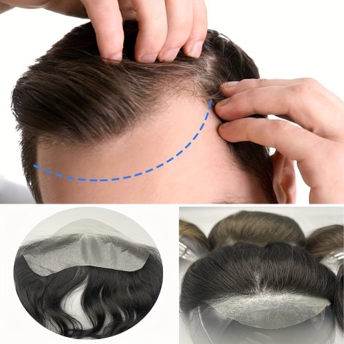 Image of Natural Looking Human Hair Men's Toppers with V-Loop Super Thin Skin PU Front Line Forehead System for Full Coverage and Seamless Blend