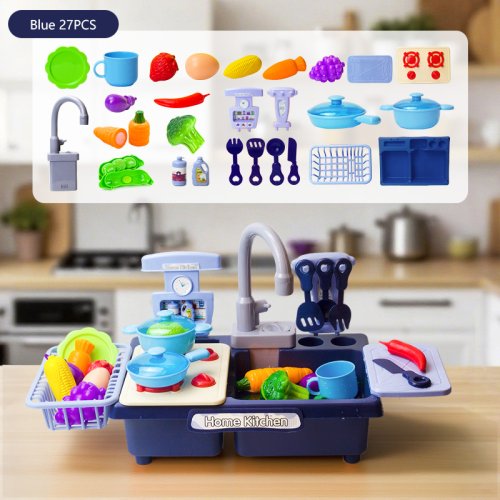 Imagen de Fregadero de juguete para niños, lavavajillas eléctrico para chico, agua con verduras, frutas, comida, cocina, juego de simulación, cocina, juego de rol, regalo de 3 años