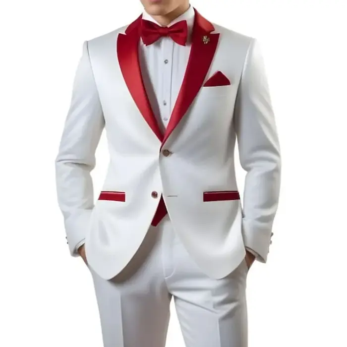 Image de Costume Blanc Homme - Coupe Cintrée & Revers Rouge