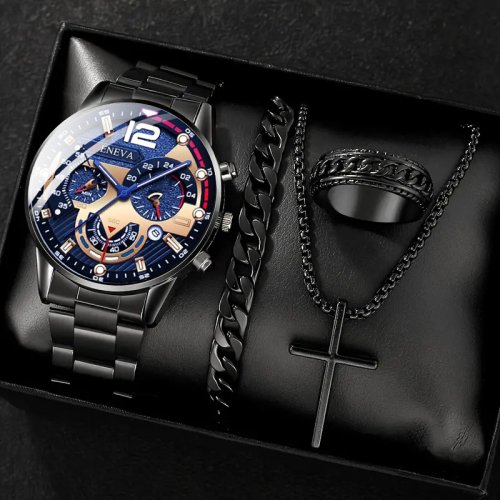 Immagine di 4 pezzi in lega d'oro romana con calendario, orologio al quarzo da uomo e set di anelli con bracciale e collana a croce, regalo selezionato