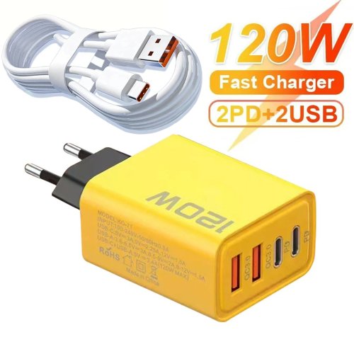 Imagen de Cargador USB Tipo C de 120W con 4 Puertos, Cable de Datos y Carga Rápida 3.0, Adaptador de Corriente para Teléfono, Cargador de Pared con Enchufe UE/EE.UU.