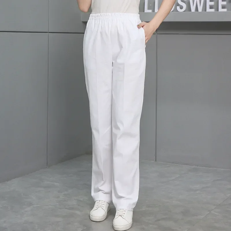 Immagine di Pantaloni da Lavoro Bianchi da Donna con Vita Elastica – Uniforme Medica Professionale per Infermieri e Dentisti, Primavera e Autunno
