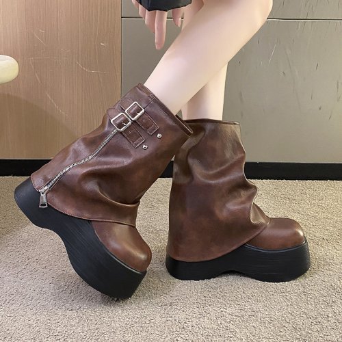 Image of Stylish Women's Soft Leather Ankle Boots with 9cm High Platform Wedge – Autumn Winter Chunky Motorcycle Booties for Ultimate Comfort and Fashion