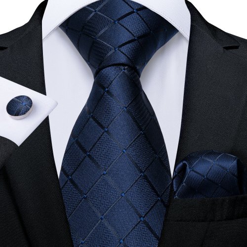 Immagine di Cravatta da uomo Cravatta in seta a righe blu navy oro Barry.Wang 3.4 "Cravatta da uomo in tessuto jacquard per matrimonio da festa per uomo d'affari
