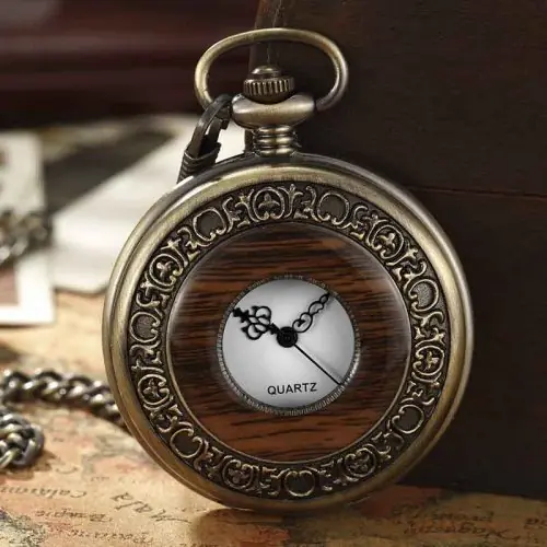Image de Montre de Poche en Bois Steampunk - Style Squelette & Chaîne Fob