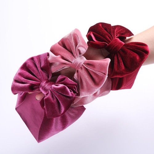 Imagen de Diadema de terciopelo liso con lazo para bebé, diadema de invierno para recién nacidos, niños y niñas, bandas elásticas para el cabello hechas a mano, turbante Vintage de Boutique