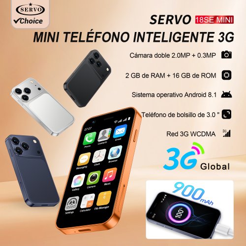 Immagine di Servo 18SE Mini Smartphone Android con Schermo da 3.0 Pollici, 16GB di Memoria Interna, Connessione 3G WCDMA, Wi-Fi e Fotocamera da 2MP - Cellulare con Riconoscimento Faciale e Sblocco Rapido