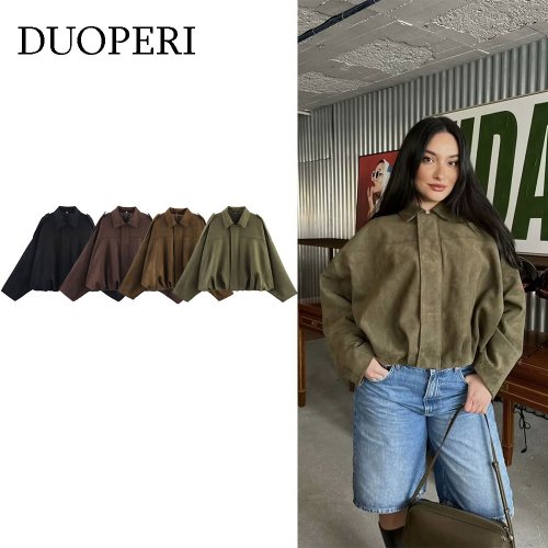 Imagen de DUOPERI mujeres 2025 nuevas chaquetas Bomber sólidas cuello de solapa mangas largas elegancia femenina Chic chaqueta Casual Tops