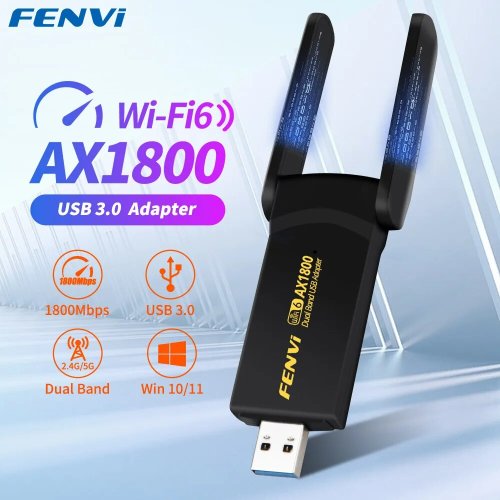 Zdjęcie Adapter WiFi 6 Fenvi 1800 Mbps USB 3.0 – Bezprzewodowy Odbiornik Dual Band 2,4 GHz i 5 GHz, Karta Sieciowa do Laptopa i PC z Wsparciem dla Windows 10/11