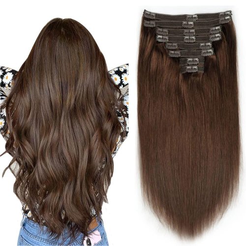 Image of Luxurious Brazilian Remy Human Hair Extensions - Straight, Thick & Silky Soft Clip-In Weaves for Women, 8-Piece Set, 120g Total Weight