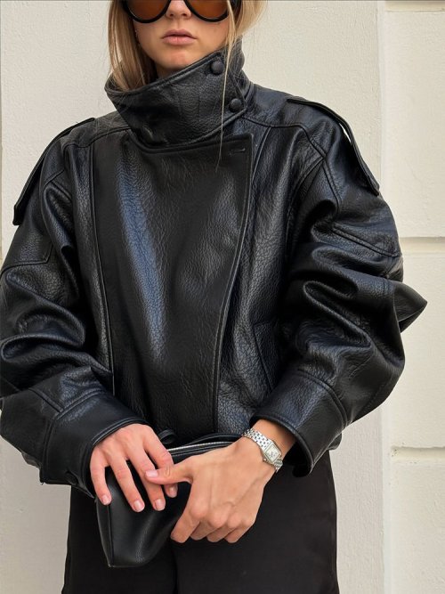Image of Stylish Autumn Faux Leather Jacket for Women – Casual Solid Color Long Sleeve Zip-Up PU Coat for Modern Streetwear Fashion